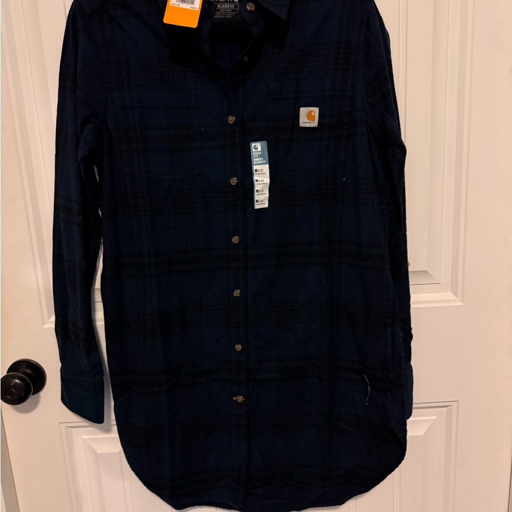 Carhartt Women’s Rugged Flex Midweight Flannel Dark Blue Plaid Tunic Sz Small